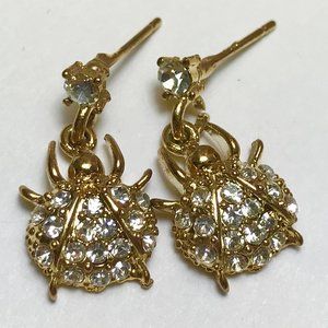 Gold Crystal Beetle Bug Ladybug Earrings Vintage